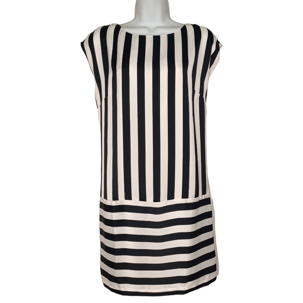 MNG COLLECTION Black White Stripe Print Sleeveless Shift Mini Dress 8 (M) NWT